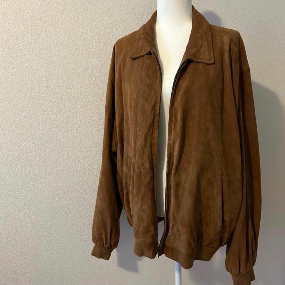 Vintage suede tan brown genuine leather bomber jacket size XXL fall oversized